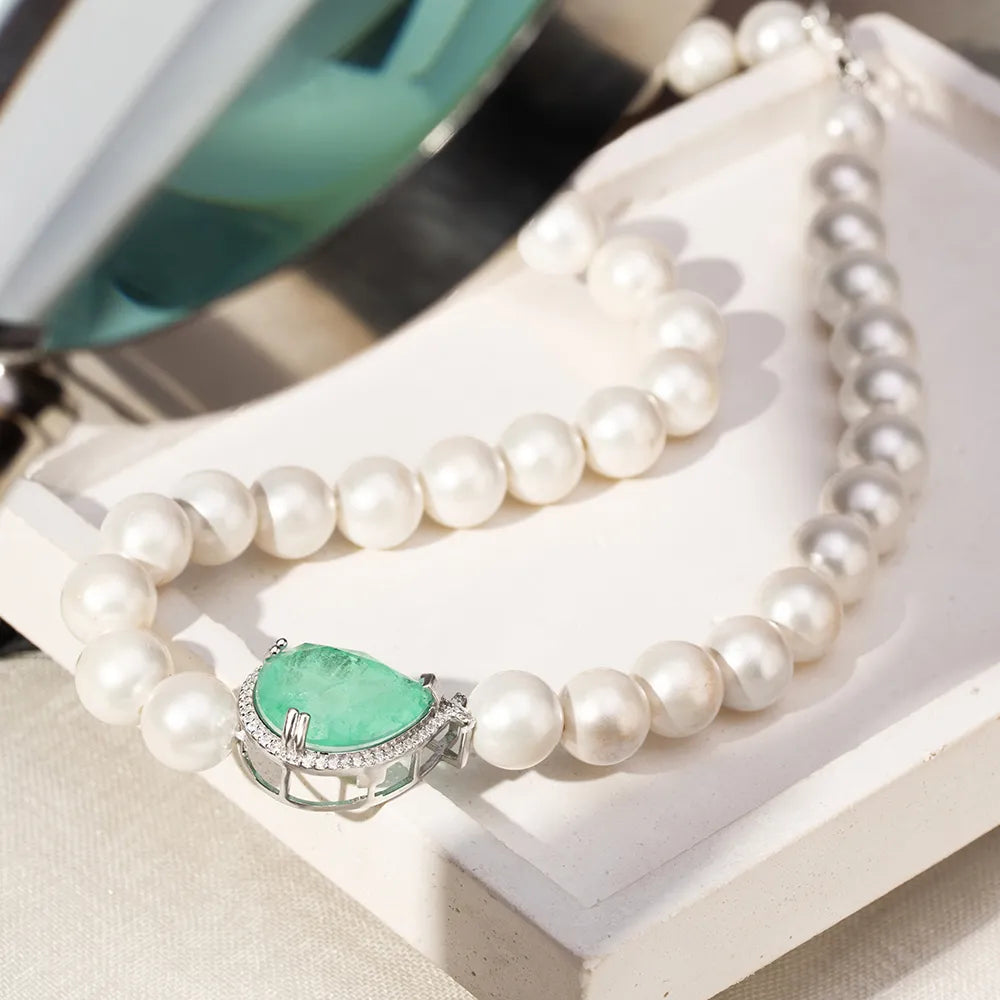 Pearl Choker Necklace with Fusion Tourmaline Teardrop Pendant