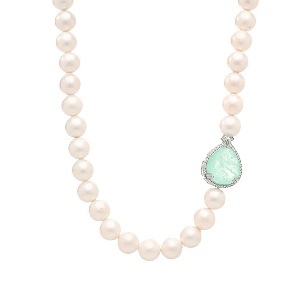 Pearl Choker Necklace with Fusion Tourmaline Teardrop Pendant