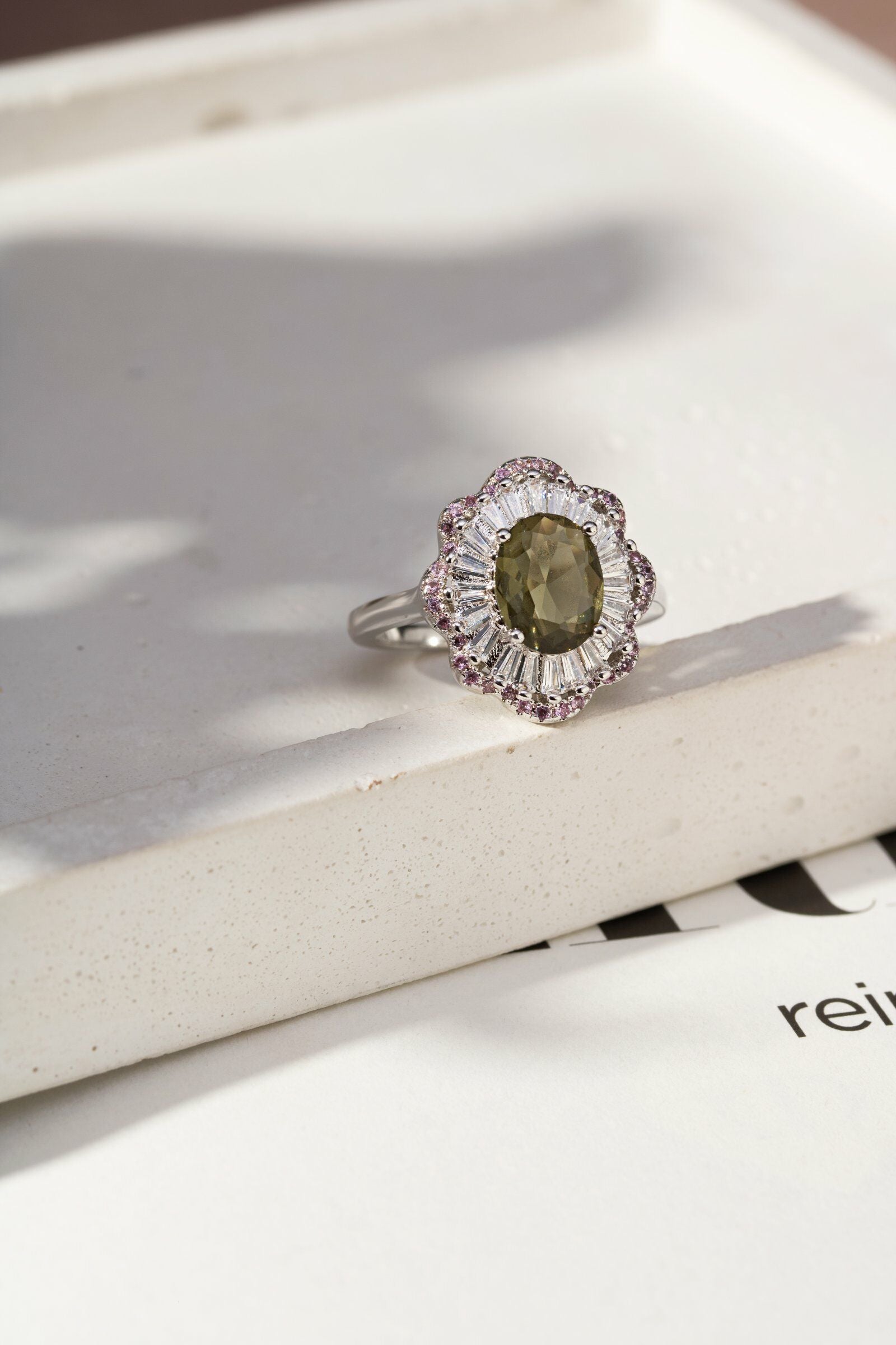 Peridot Crystal Ring with Pink and White Zirconia Accents – White Rhodium Plated