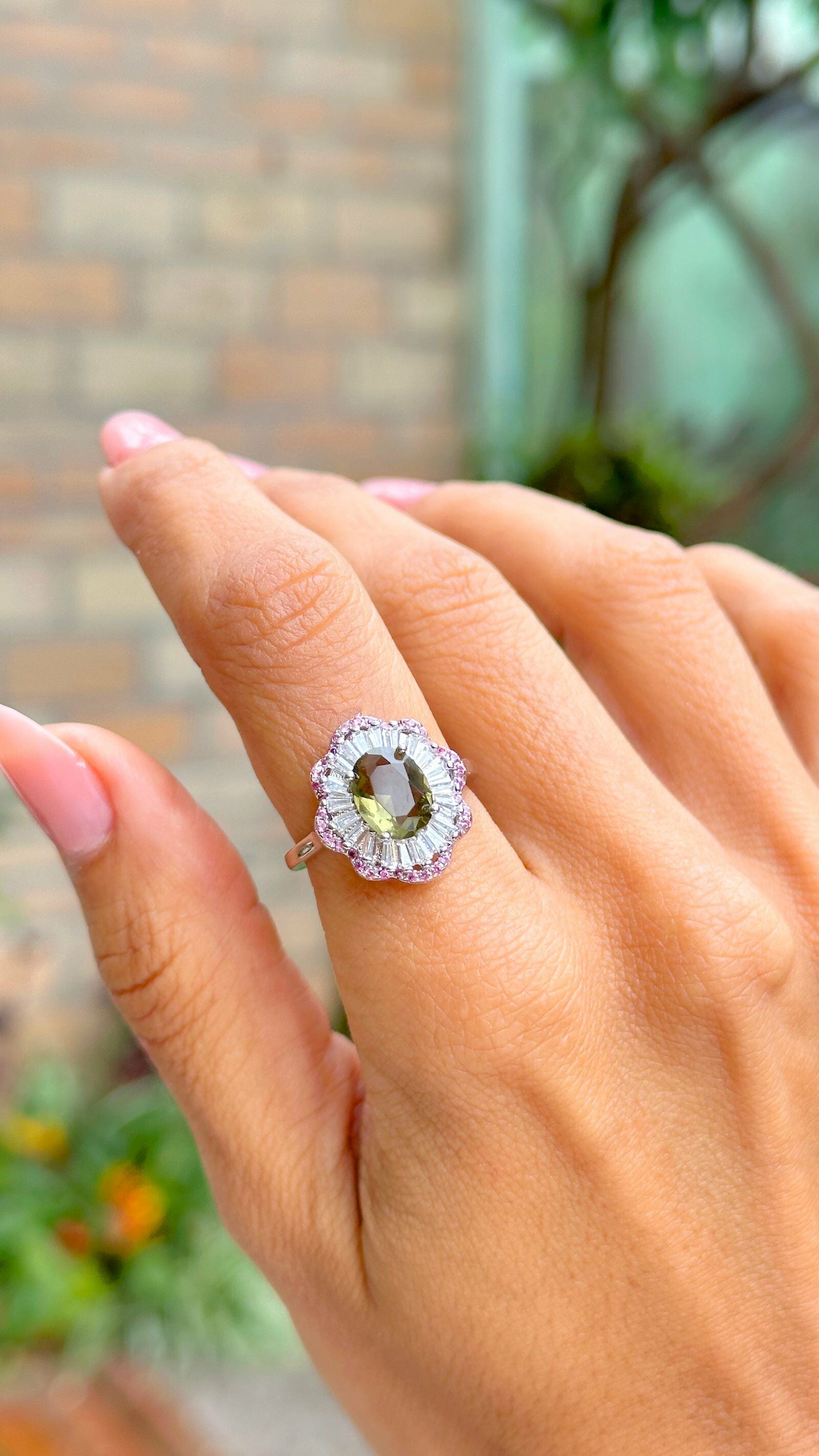 Peridot Crystal Ring with Pink and White Zirconia Accents – White Rhodium Plated