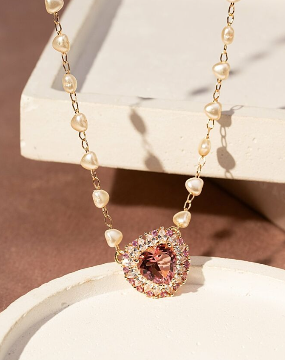 Gold Plated Pink Heart Necklace with Pink Tourmaline Crystal