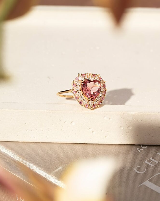 Gold Plated Pink Heart Ring with Pink Tourmaline Crystal