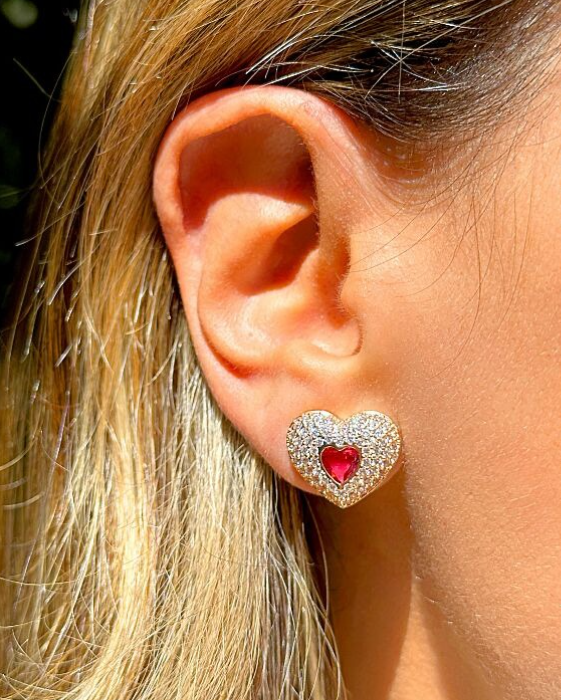 Heart Earrings with Pink Tourmaline Crystal Accents