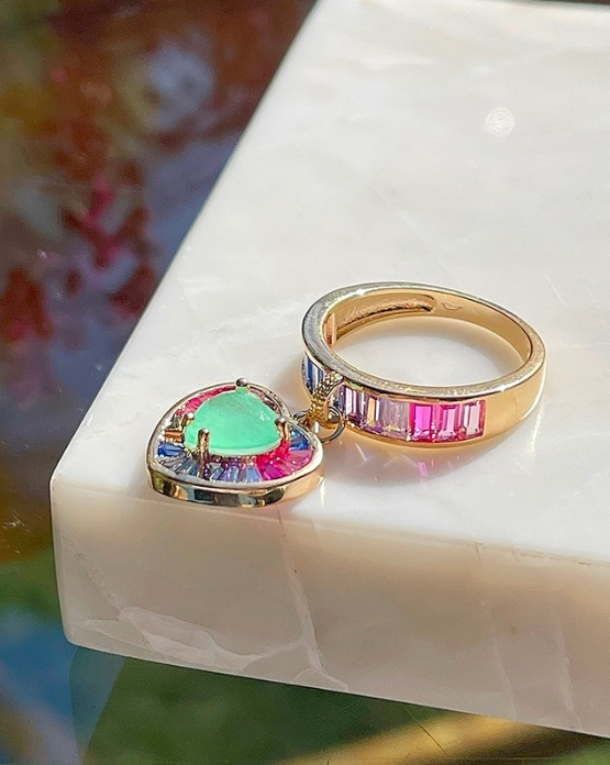 Fusion Tourmaline Heart Ring with Colorful Zirconia Accents