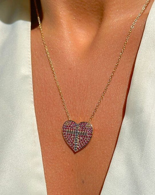 Gold-Plated Heart Scapular Necklace with Pink and Red Zirconia Accents