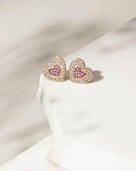 Gold-Plated Heart Earrings with Pink and Red Zirconia Accents