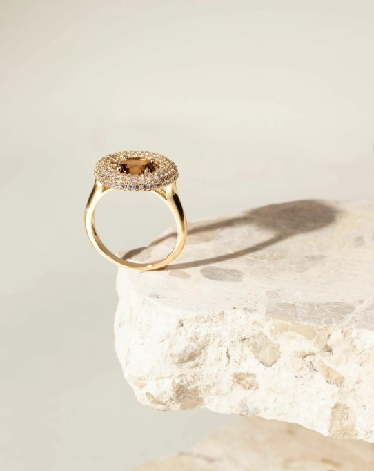 Gold-Plated Smoky Topaz Crystal Pavé Disc Ring
